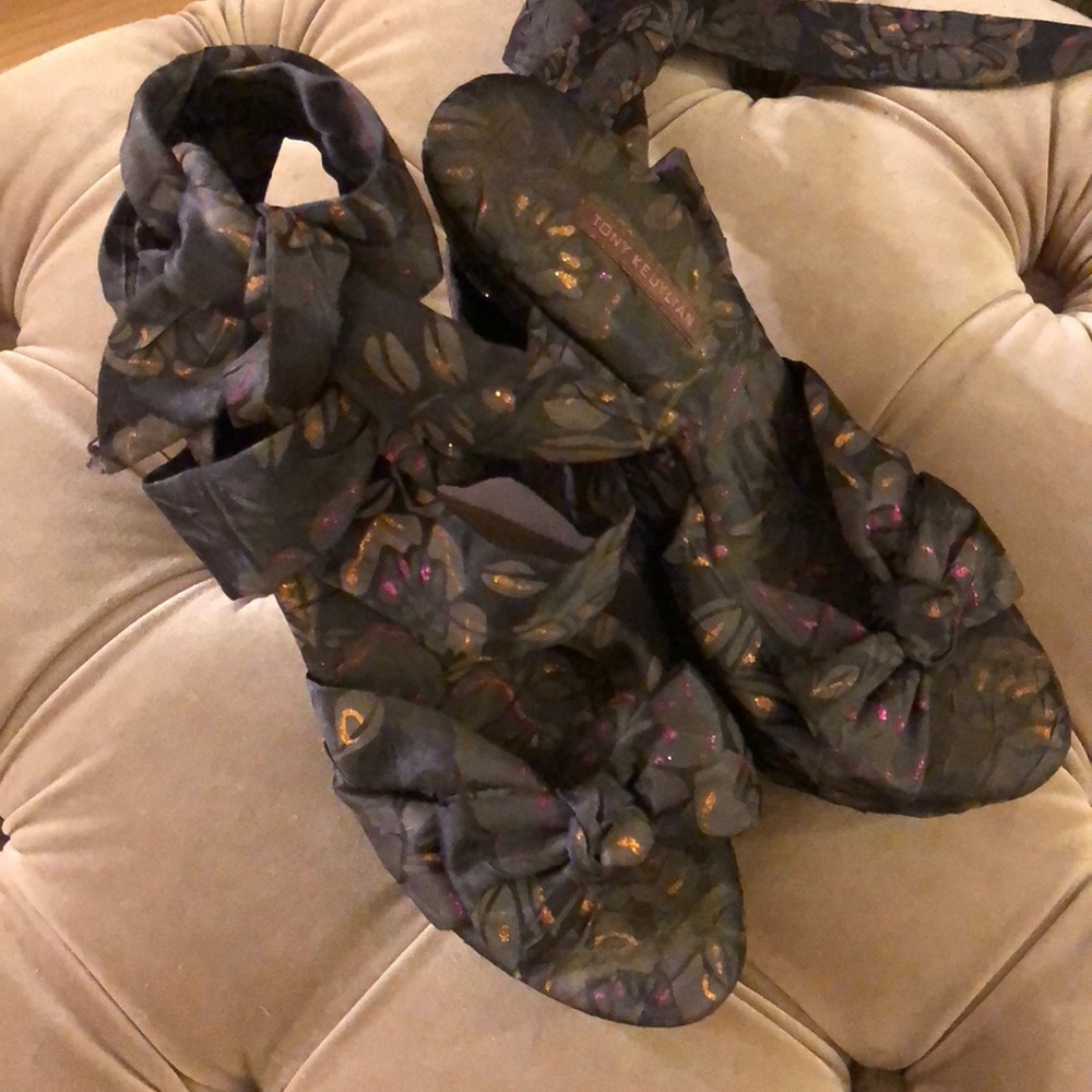 Tony Keuylian brown silk wrap wedge heels